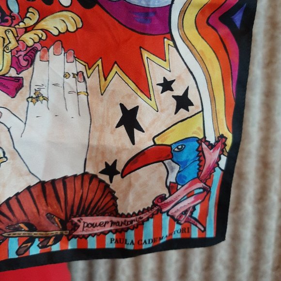 Small Paula Cademartori vibrant colored silk scarf  13" square - Picture 2 of 2